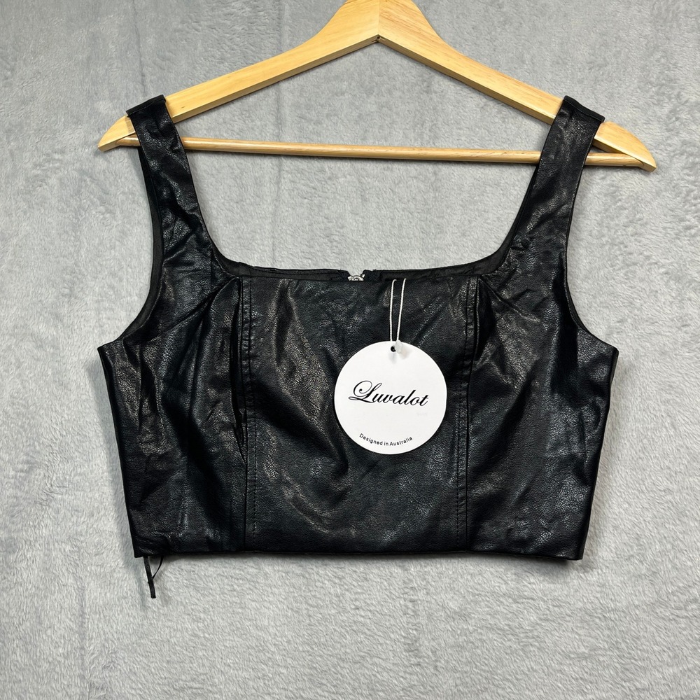 Luvalot Faux Leather Crop Top Womens Black Zip Back Corset Square Neck Size 4